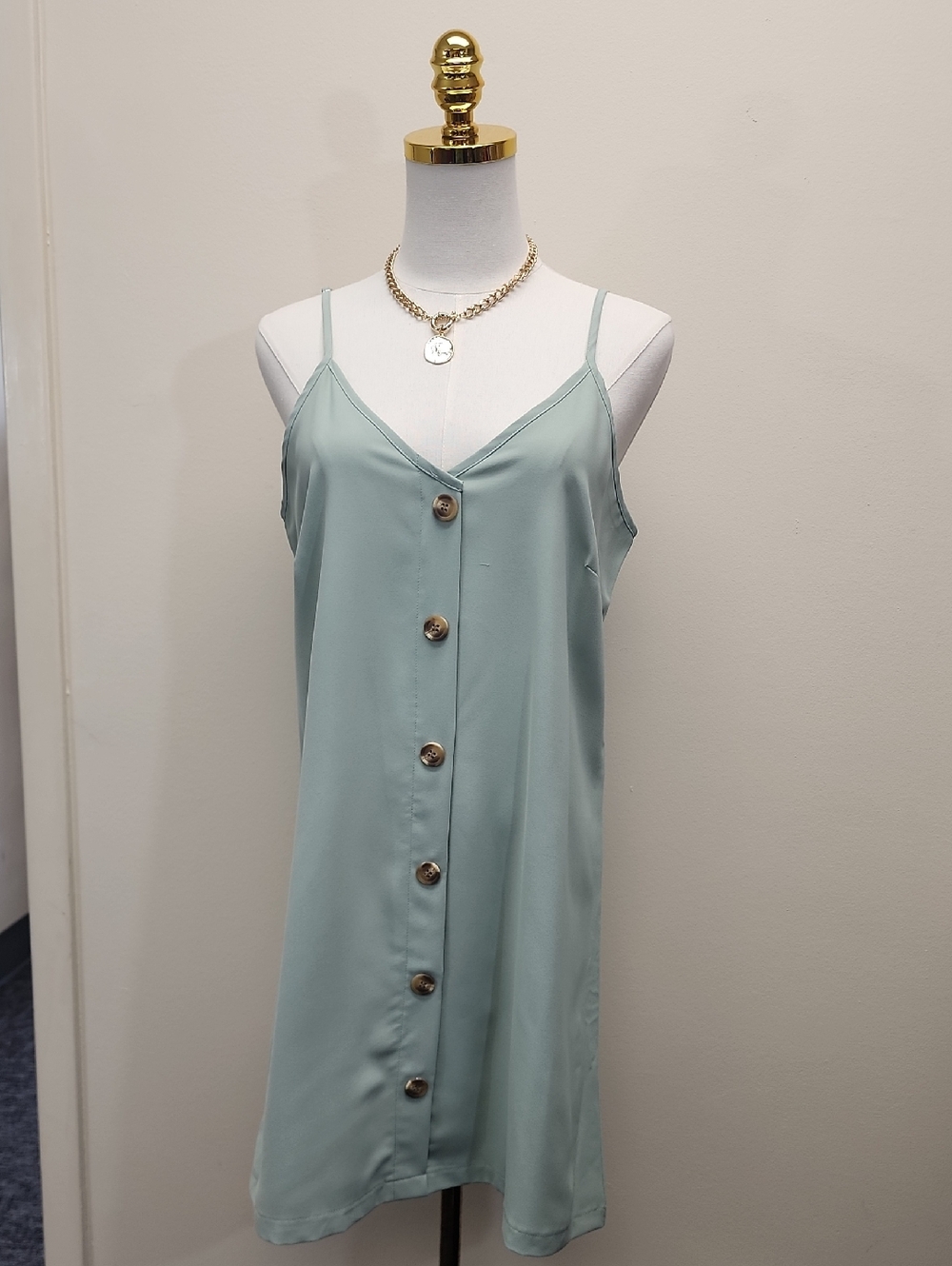 Sage Green Slip Dress Button Front Mini Spaghetti Strap Size Small